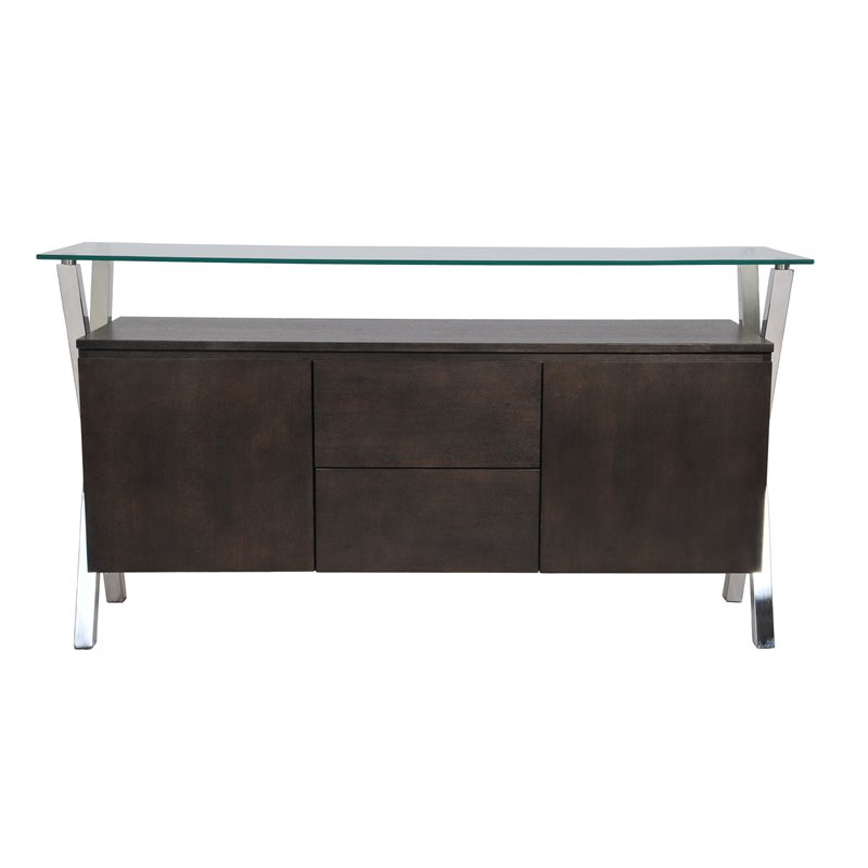 Pemberly Row Modern Wood Veneer & High Polished Steel Buffet in Espresso