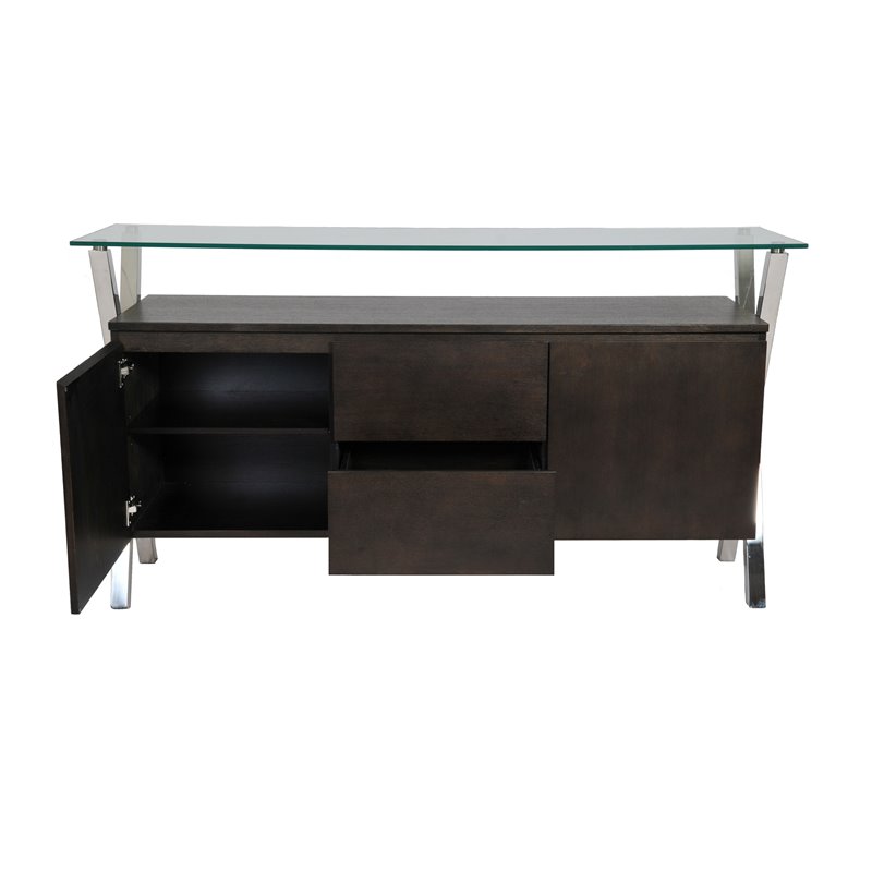 Pemberly Row Modern Wood Veneer & High Polished Steel Buffet in Espresso