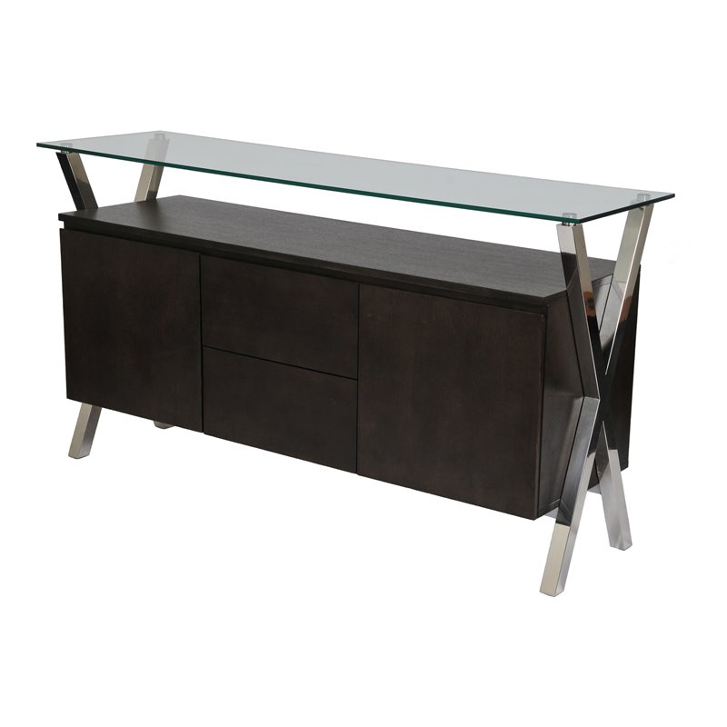 Pemberly Row Modern Wood Veneer & High Polished Steel Buffet in Espresso