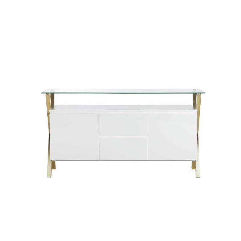 Pemberly Row Modern Glass & Polished Steel Buffet in Gold/White and Clear