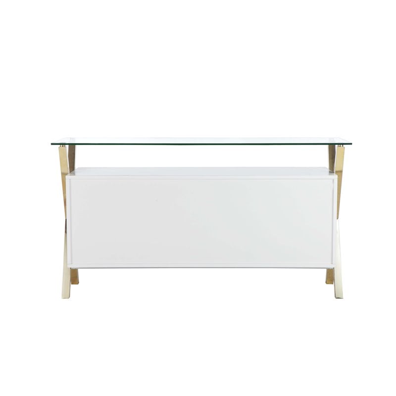 Pemberly Row Modern Glass & Polished Steel Buffet in Gold/White and Clear