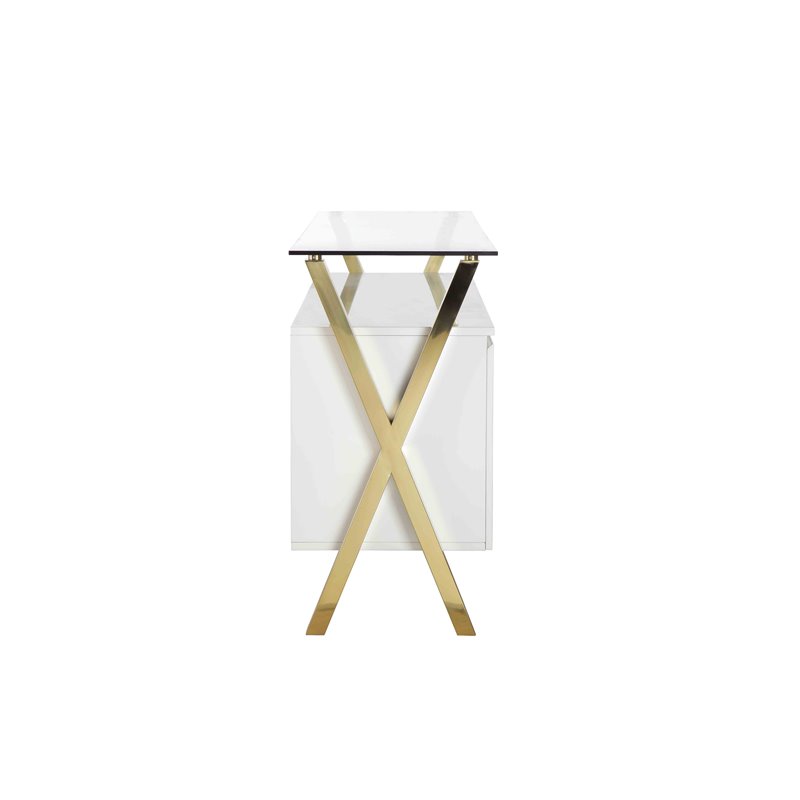 Pemberly Row Modern Glass & Polished Steel Buffet in Gold/White and Clear
