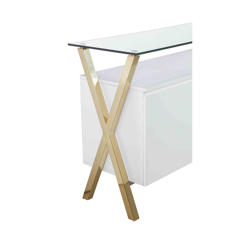 Pemberly Row Modern Glass & Polished Steel Buffet in Gold/White and Clear