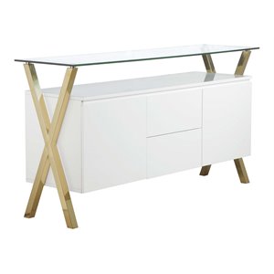 Pemberly Row Modern Glass & Polished Steel Buffet in Gold/White and Clear