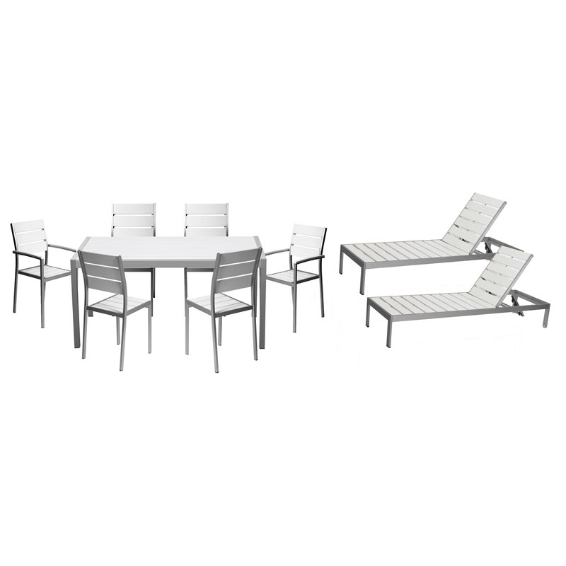 Pemberly Row 9-piece Modern Aluminum Patio Dining Set in White
