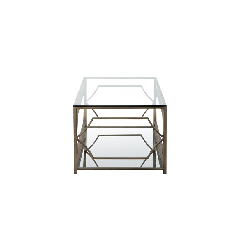 Pemberly Row Metal Rectangle Coffee Table with Glass in Brushed Brass