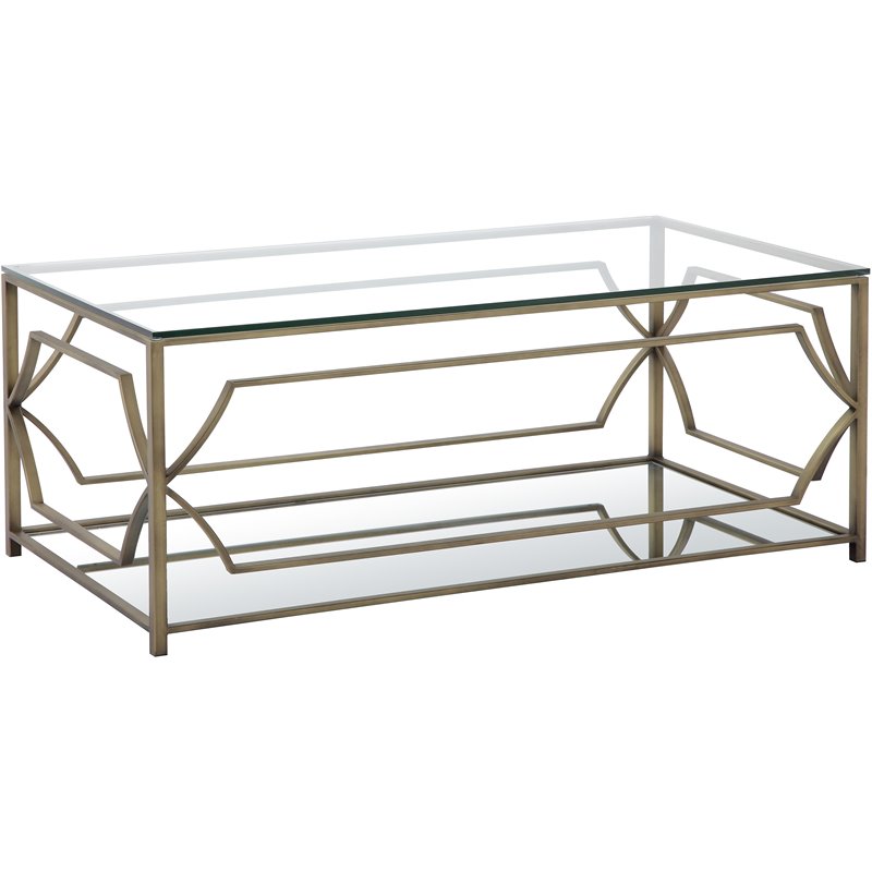 Pemberly Row Metal Rectangle Coffee Table with Glass in Brushed Brass