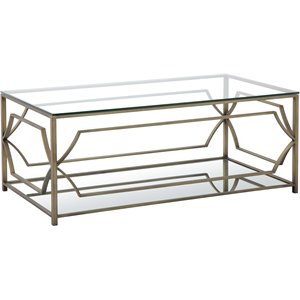 Pemberly Row Metal Rectangle Coffee Table with Glass in Brushed Brass