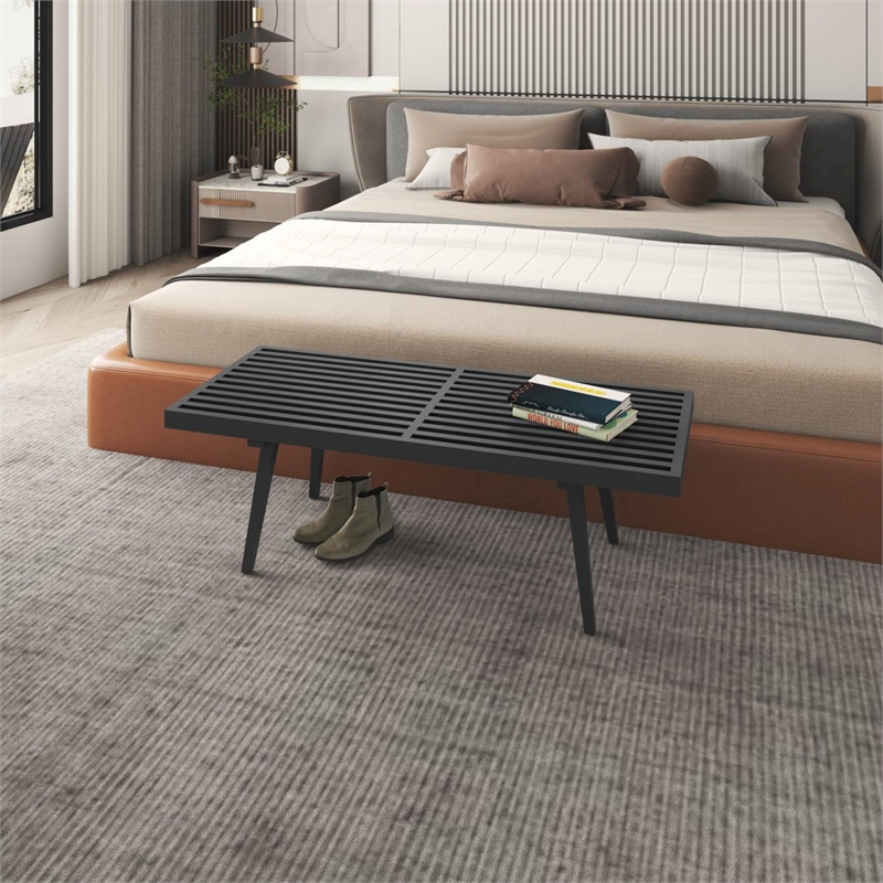 Pemberly Row Mid-Century Rubber Wood Frame Platform Bench in Black - 4 Feet