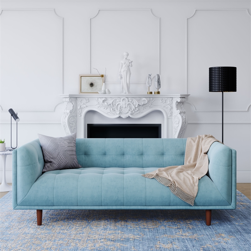 Pemberly Row Mid-Century Contemporary Velvet Sofa in Blue Finish