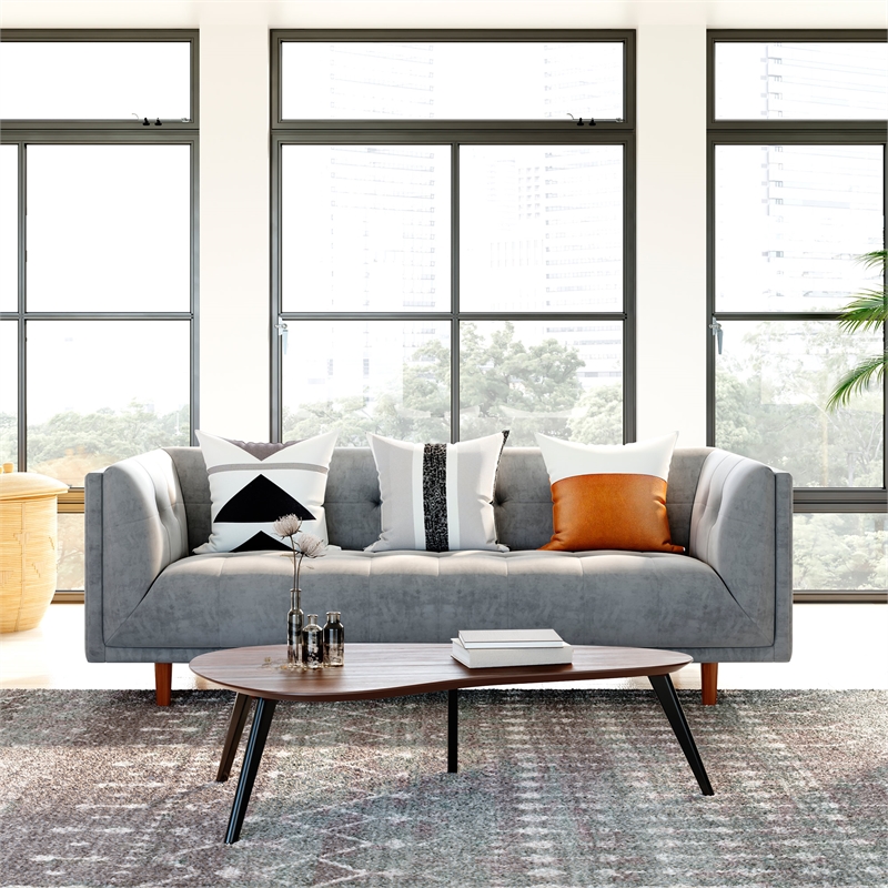 Pemberly Row Mid-Century Contemporary Velvet Sofa in Gray Finish
