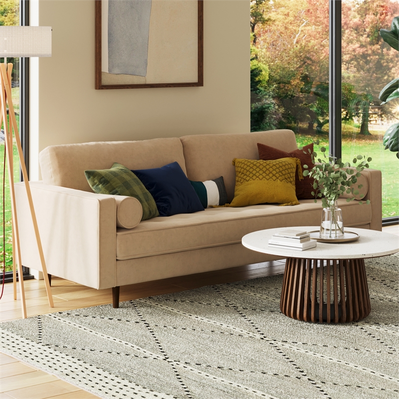 Pemberly Row Mid-Century Contemporary Fabric Sofa in Beige Finish