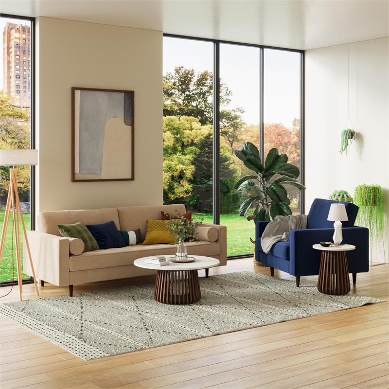 Pemberly Row Mid-Century Contemporary Fabric Sofa in Beige Finish