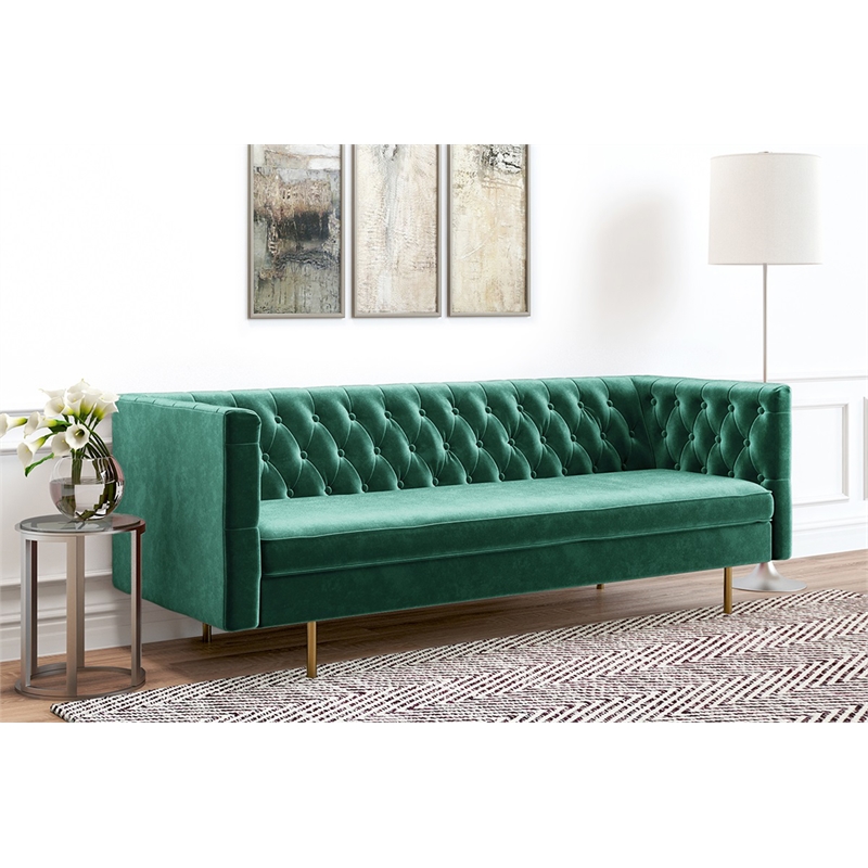 Pemberly Row Modern Velvet Mid-Century Modern Sofa in Emerald