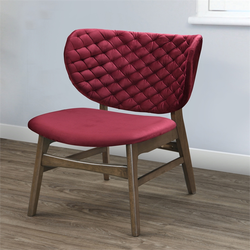 Pemberly Row Mid-Century Solid Wood Frame Lounge Chair in Red