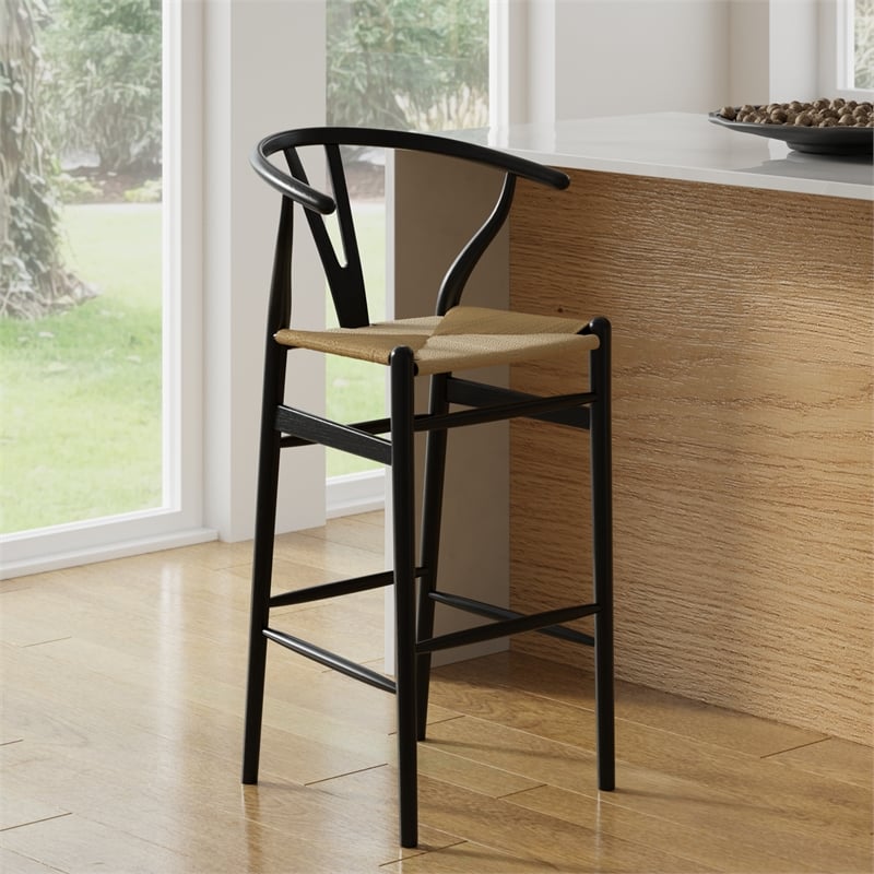 Pemberly Row Danish Design Bar Height Stool in Black and Natural