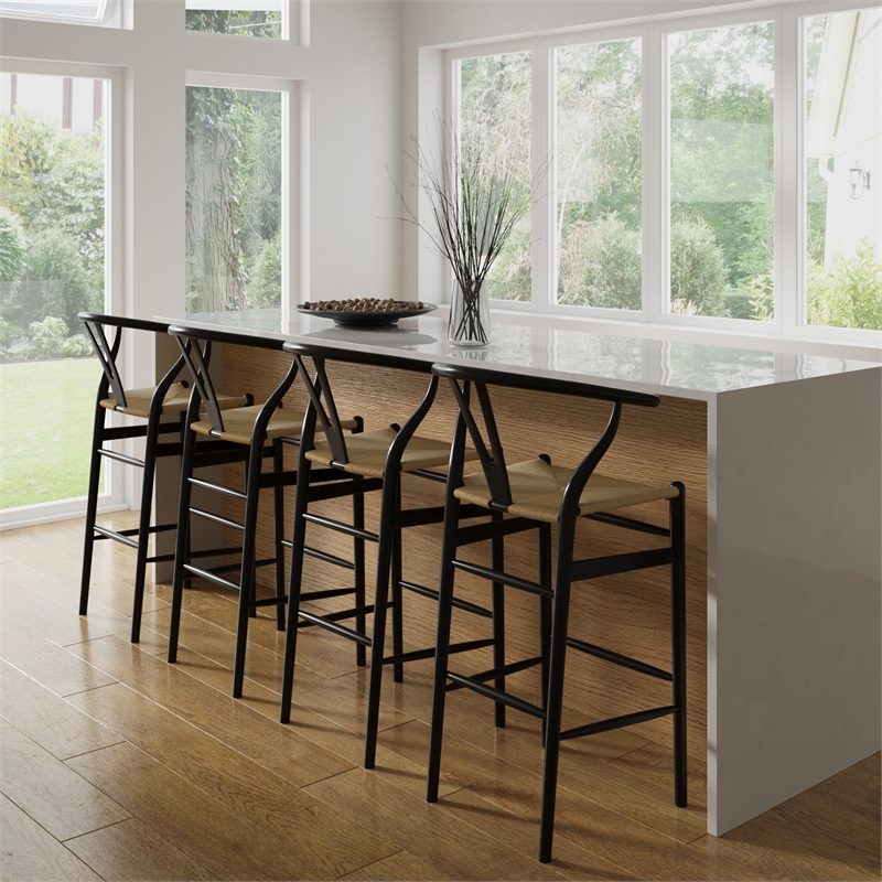 Pemberly Row Danish Design Bar Height Stool in Black and Natural