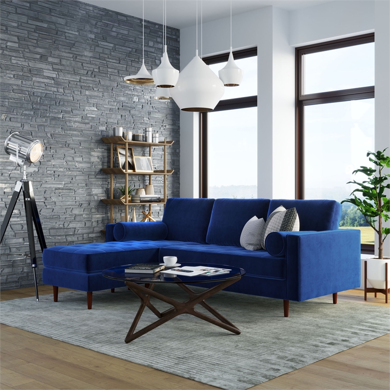 Pemberly Row Contemporary Velvet Reversible Sectional in Sapphire