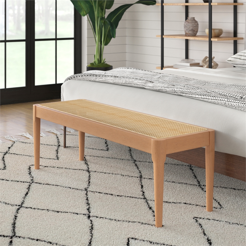 Pemberly Row Modern Solid Wood with Natural Cane Bench in Natural
