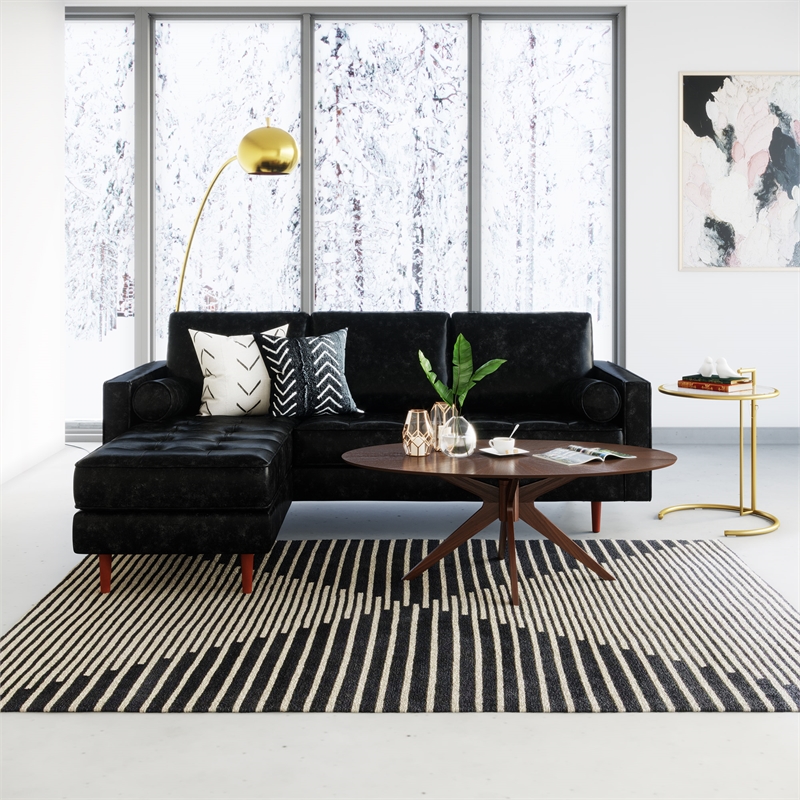 Pemberly Row Modern Genuine Leather Reversible Sectional in Black