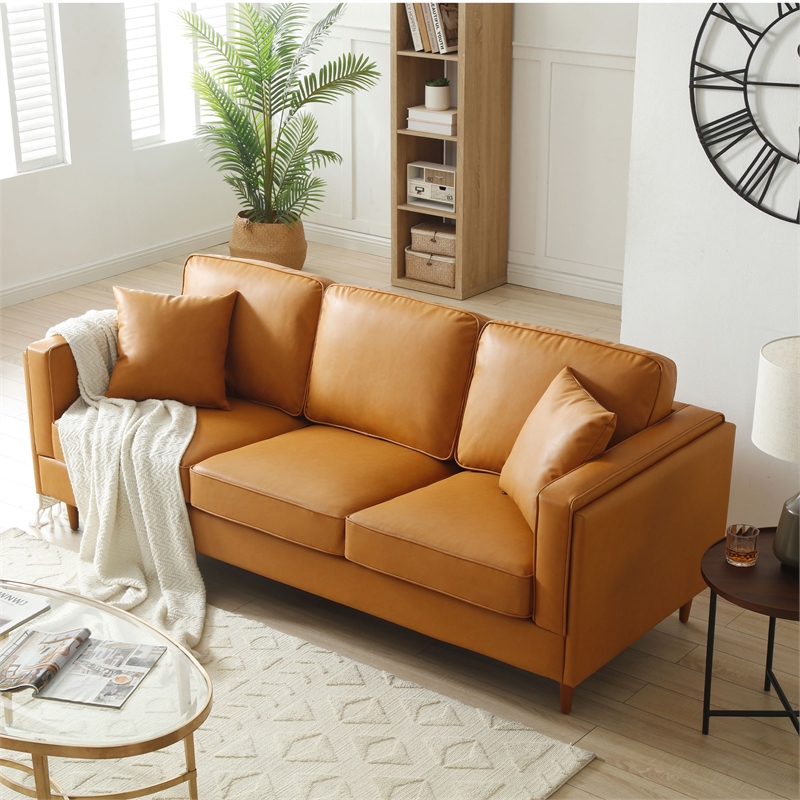 Pemberly Row Modern / Contemporary Faux Leather Sofa in Tan Finish
