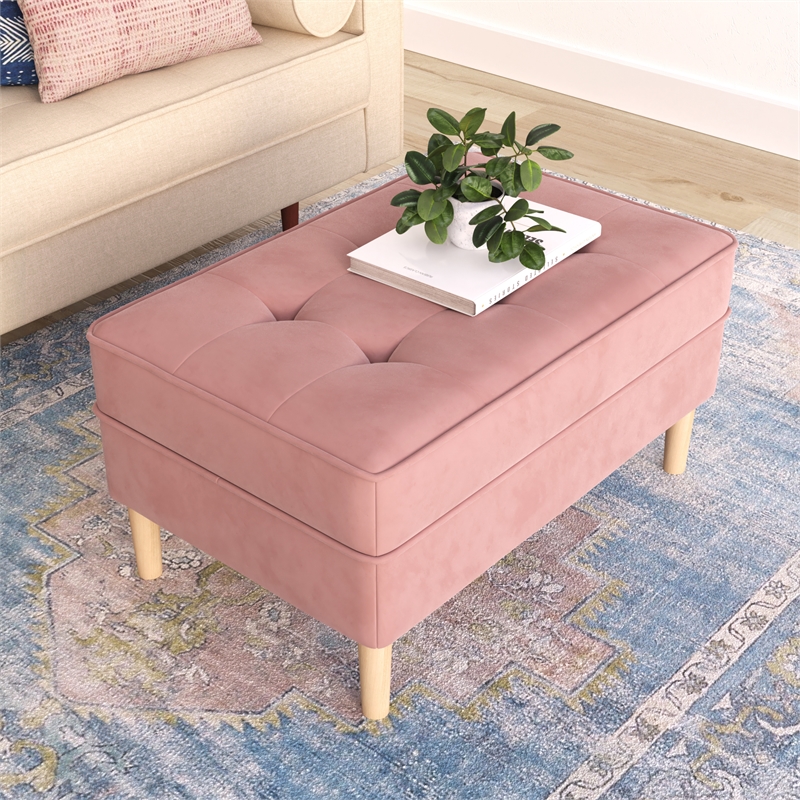 Pemberly Row Contemporary Velvet Rectangular Ottoman in Blush