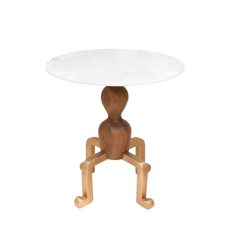 Pemberly Row Contemporary Genuine Marble Side Table in Walnut