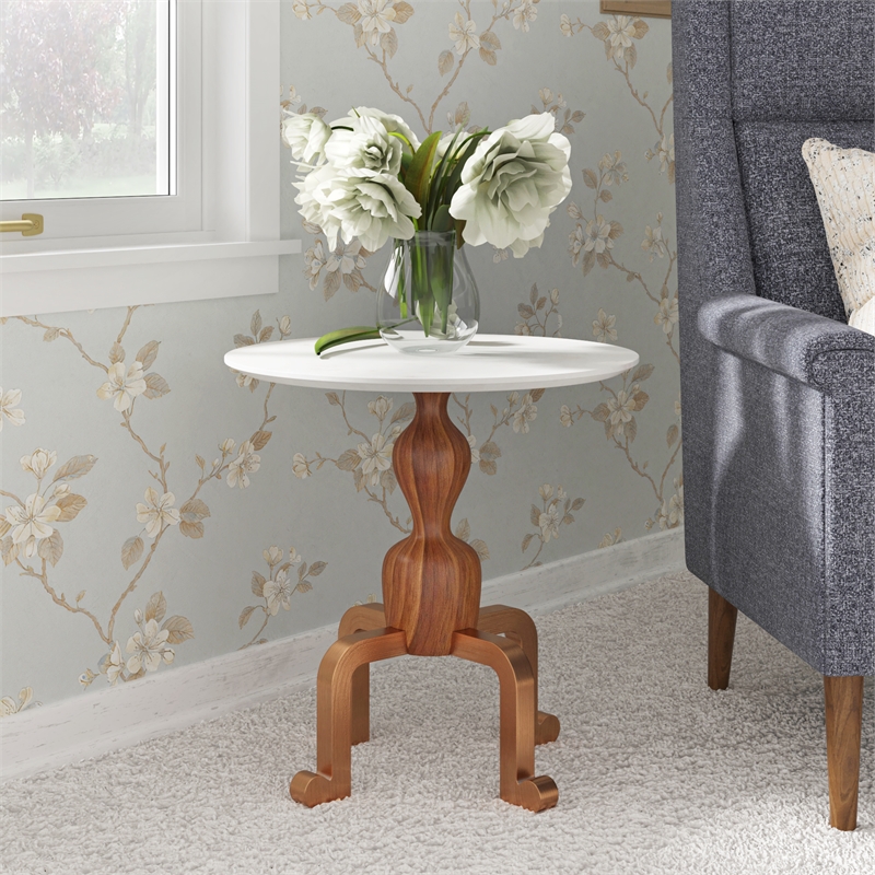 Pemberly Row Contemporary Genuine Marble Side Table in Walnut