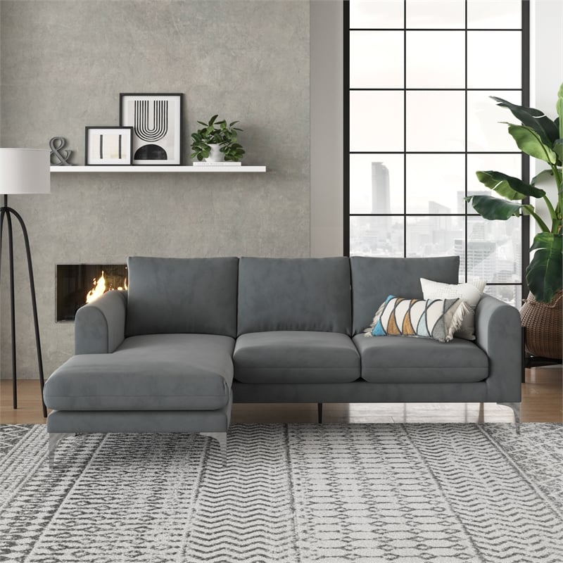 Pemberly Row Contemporary Velvet Reversible Sectional in Gray