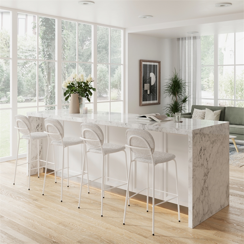 Pemberly Row Modern Boucle Bar Height Stools (Set of 2) in White