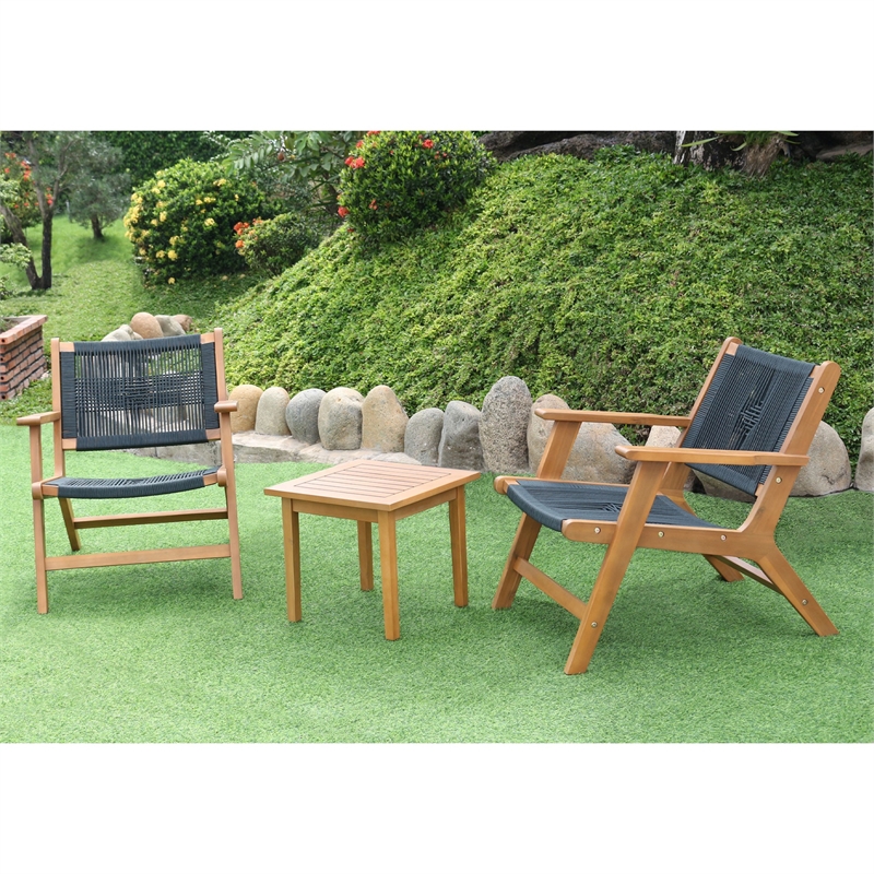 Pemberly Row Solid Wood and Rope Lounge Chair Set in Natural/Black