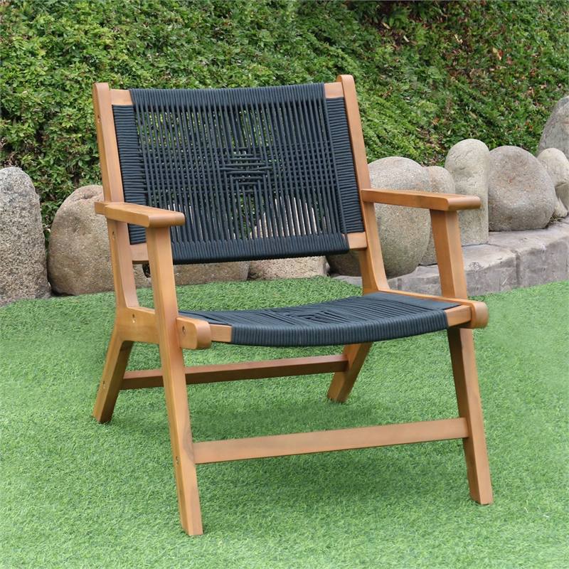 Pemberly Row Solid Wood and Rope Lounge Chair Set in Natural/Black