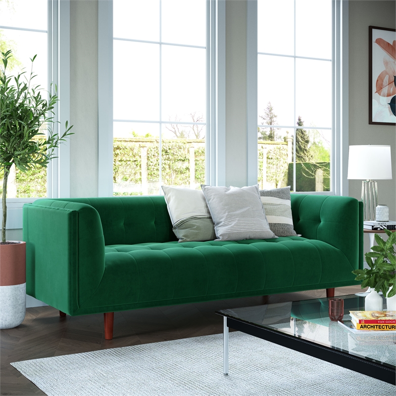 Pemberly Row Mid-Century Contemporary Velvet Sofa in Emerald