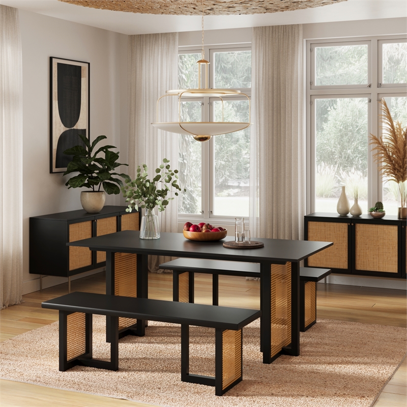 Pemberly Row Rectangular Dining Table with Cane Base in Black