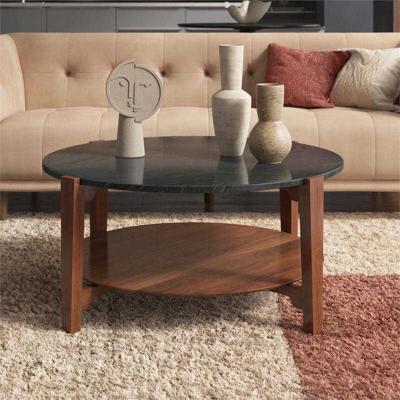Pemberly Row Contemporary Genuine Marble Coffee Table in Black