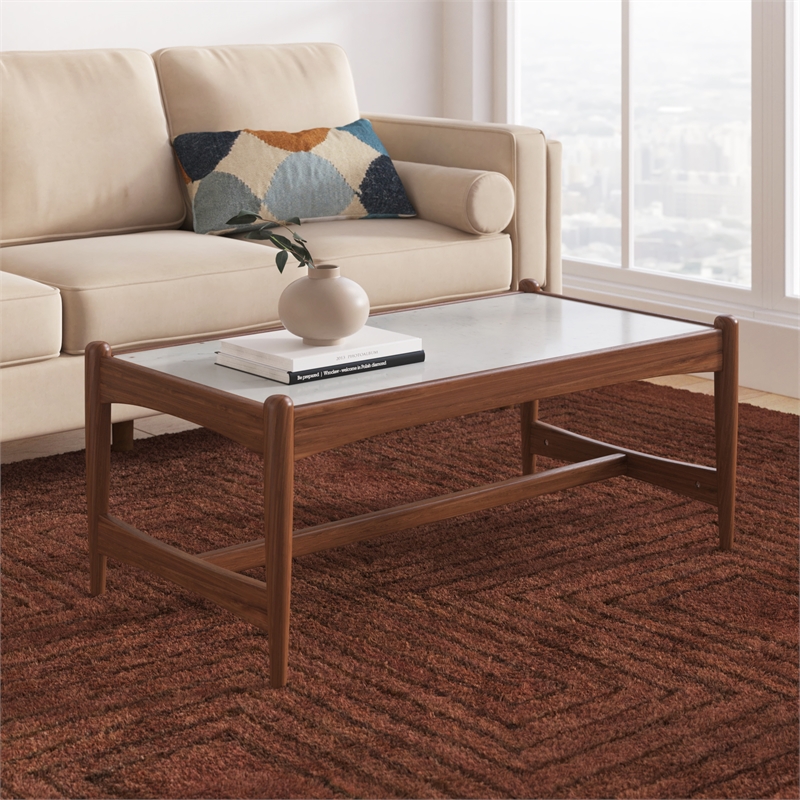 Pemberly Row Contemporary Genuine Marble Coffee Table in White