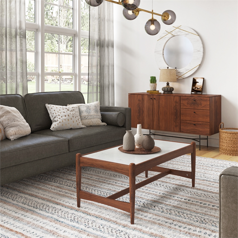 Pemberly Row Contemporary Genuine Marble Coffee Table in White