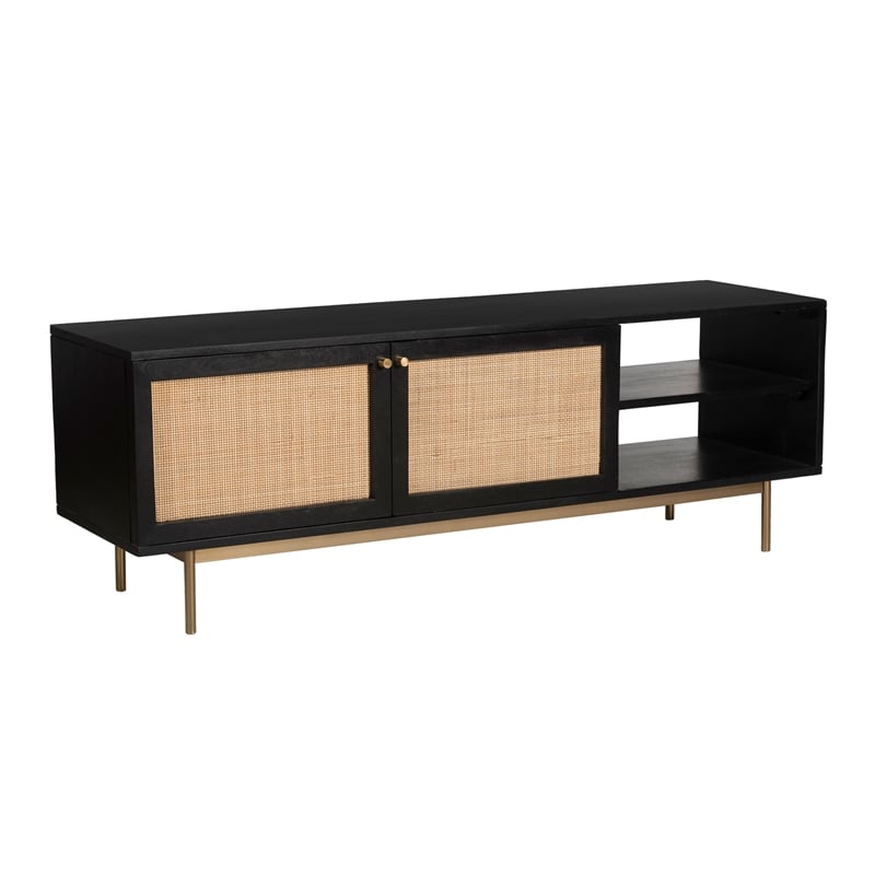 Pemberly Row Solid Wood with Natural Woven Cane TV Stand in Black