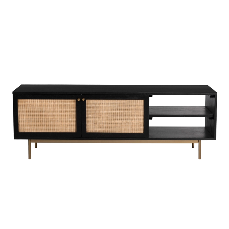 Pemberly Row Solid Wood with Natural Woven Cane TV Stand in Black