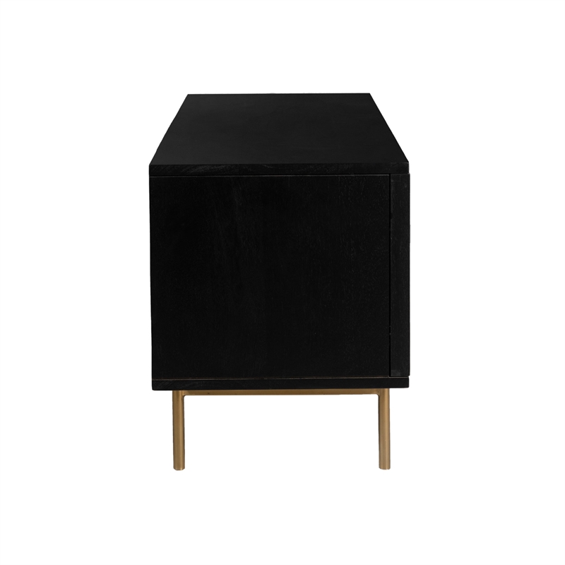 Pemberly Row Solid Wood with Natural Woven Cane TV Stand in Black