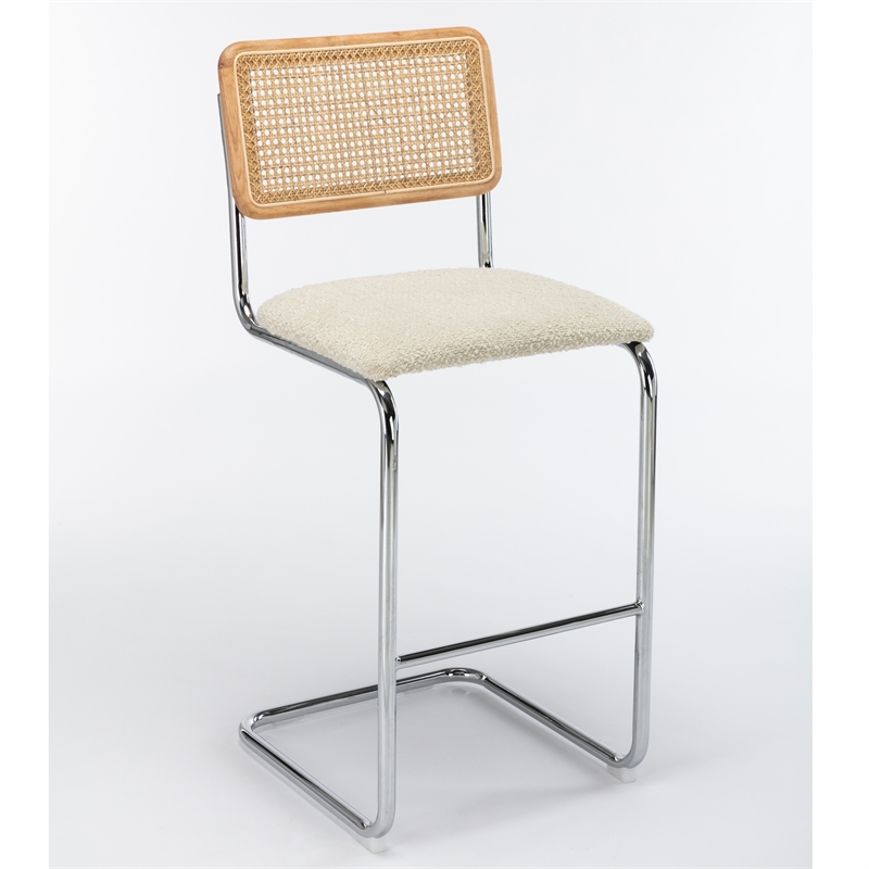 Pemberly Row Cane Back Boucle Bar Height Stool (Set of 2) in White