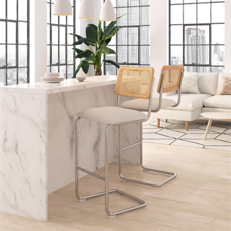 Pemberly Row Cane Back Boucle Bar Height Stool (Set of 2) in White