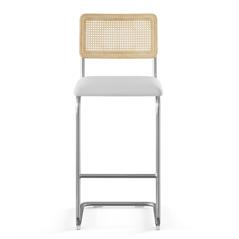 Pemberly Row Cane Back Fabric Bar Height Stool (Set of 2) in White