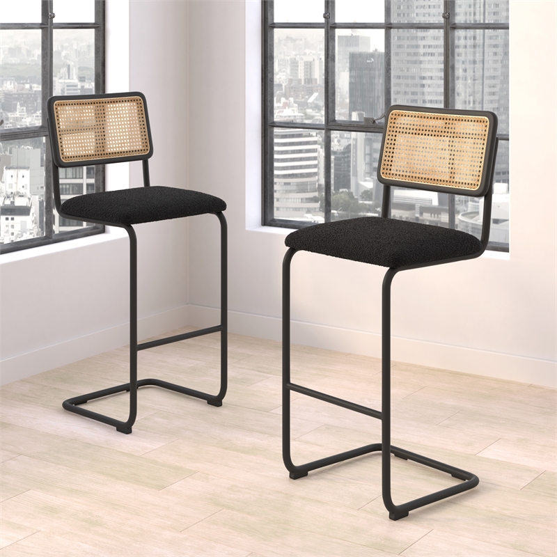 Pemberly Row Cane Back Boucle Bar Height Stool (Set of 2) in Black