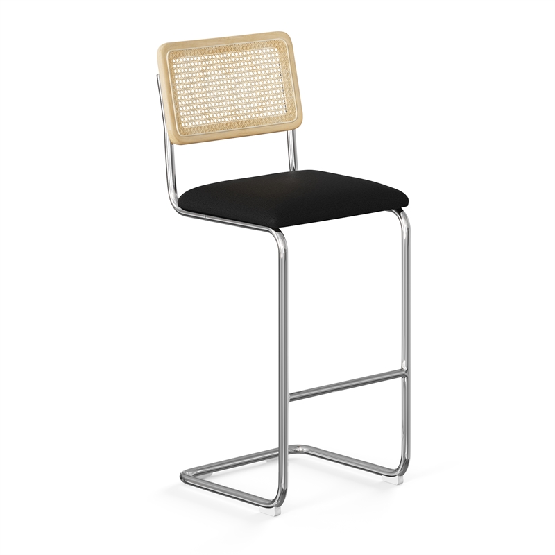 Pemberly Row Cane Back Fabric Bar Height Stool (Set of 2) in Black