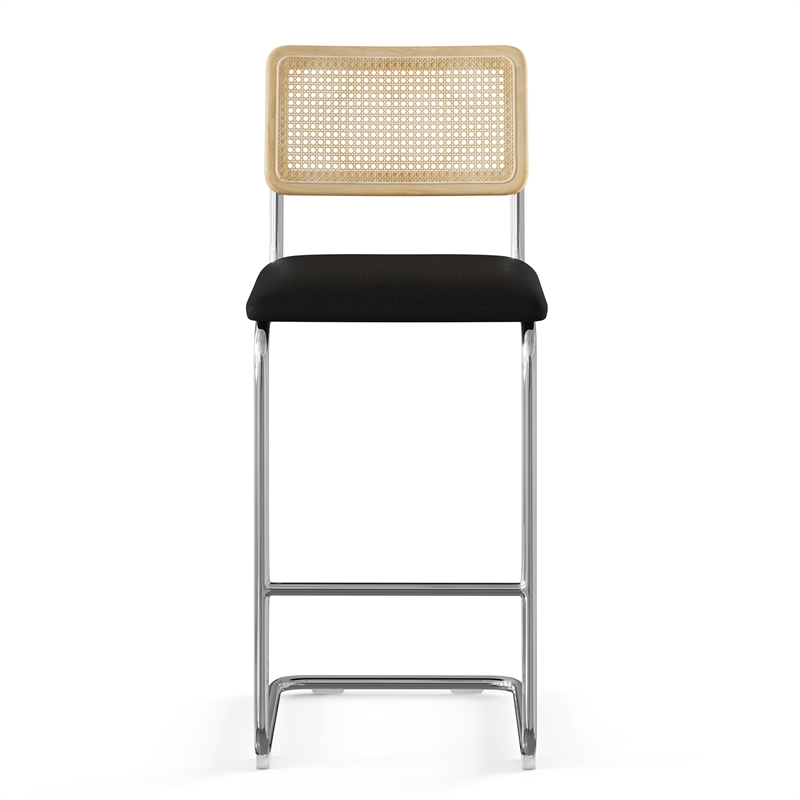 Pemberly Row Cane Back Fabric Bar Height Stool (Set of 2) in Black