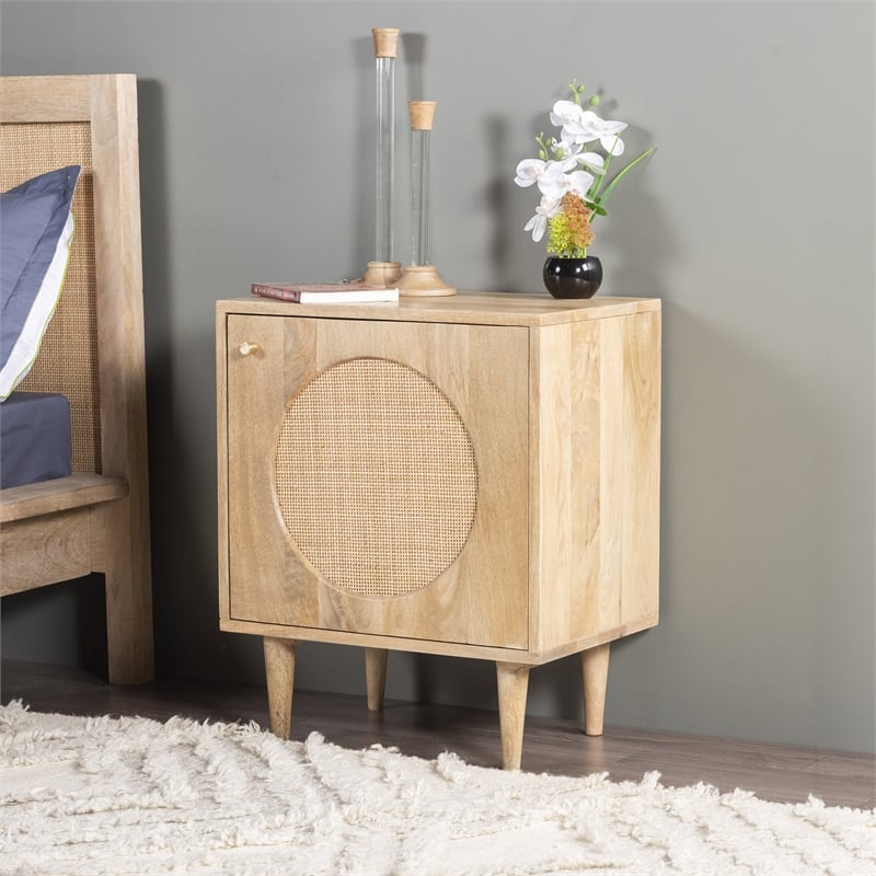 Pemberly Row Circle One Door Solid Wood Nightstand in Natural Cane