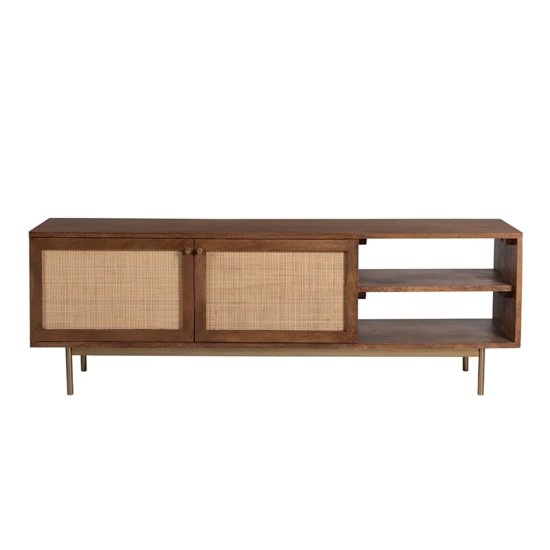 Pemberly Row Solid Wood with Natural Woven Cane TV Stand in Walnut