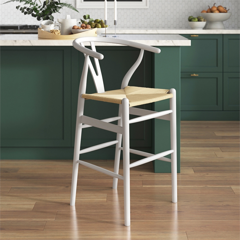 Pemberly Row Contemporary Rattan Counter Height Stool in White