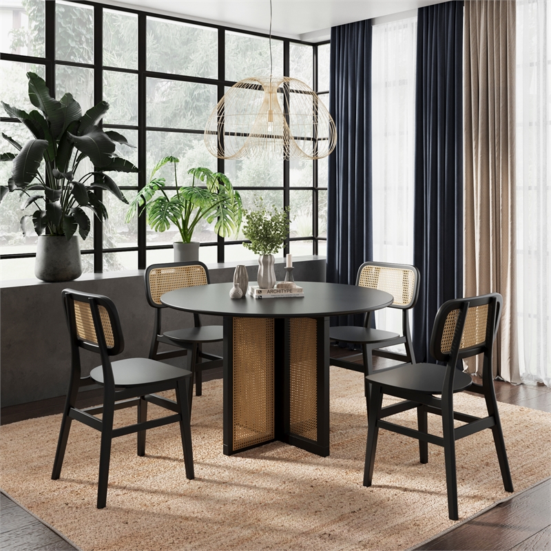 Pemberly Row Modern Round Dining Table with Cane Base in Black